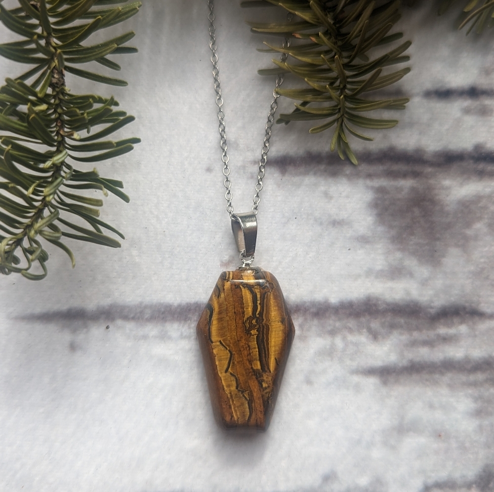 Tiger Eye Coffin Stone Necklace with Stainless steel chain